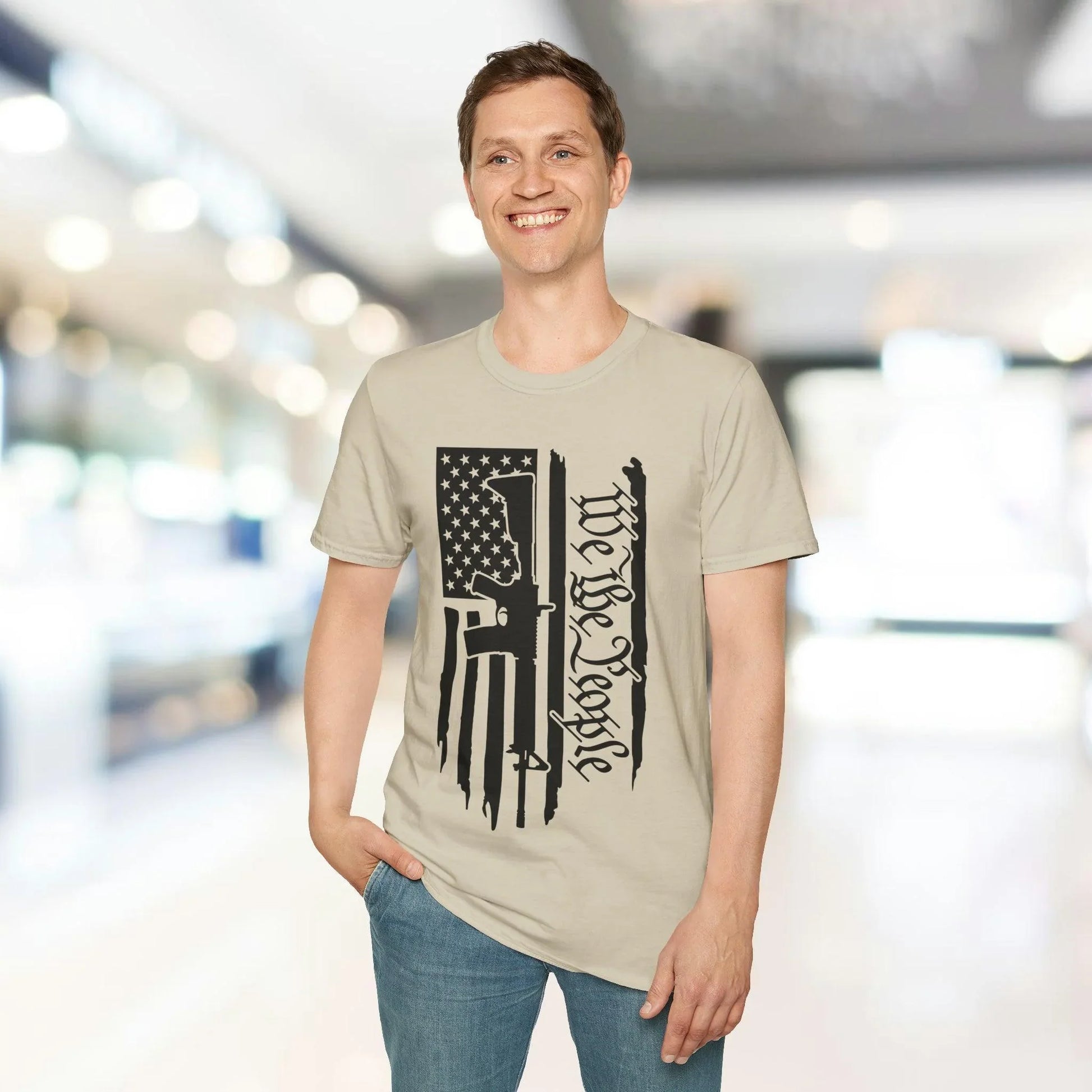 Close-up of the distressed black and white American flag pattern on the unisex softstyle T-shirt’s collar and neckline