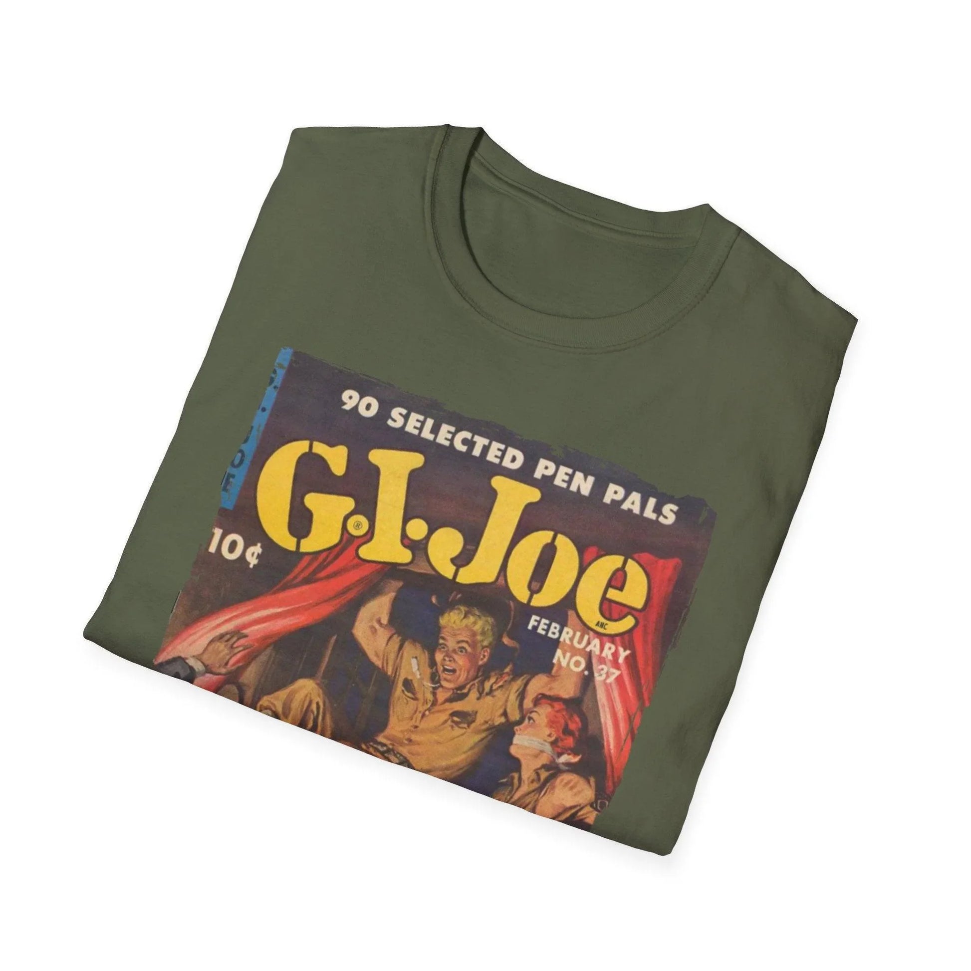 Close-up of the G.I. Joe No.37 softstyle T-shirt's front neckline showing the smooth fabric texture and subtle stitching