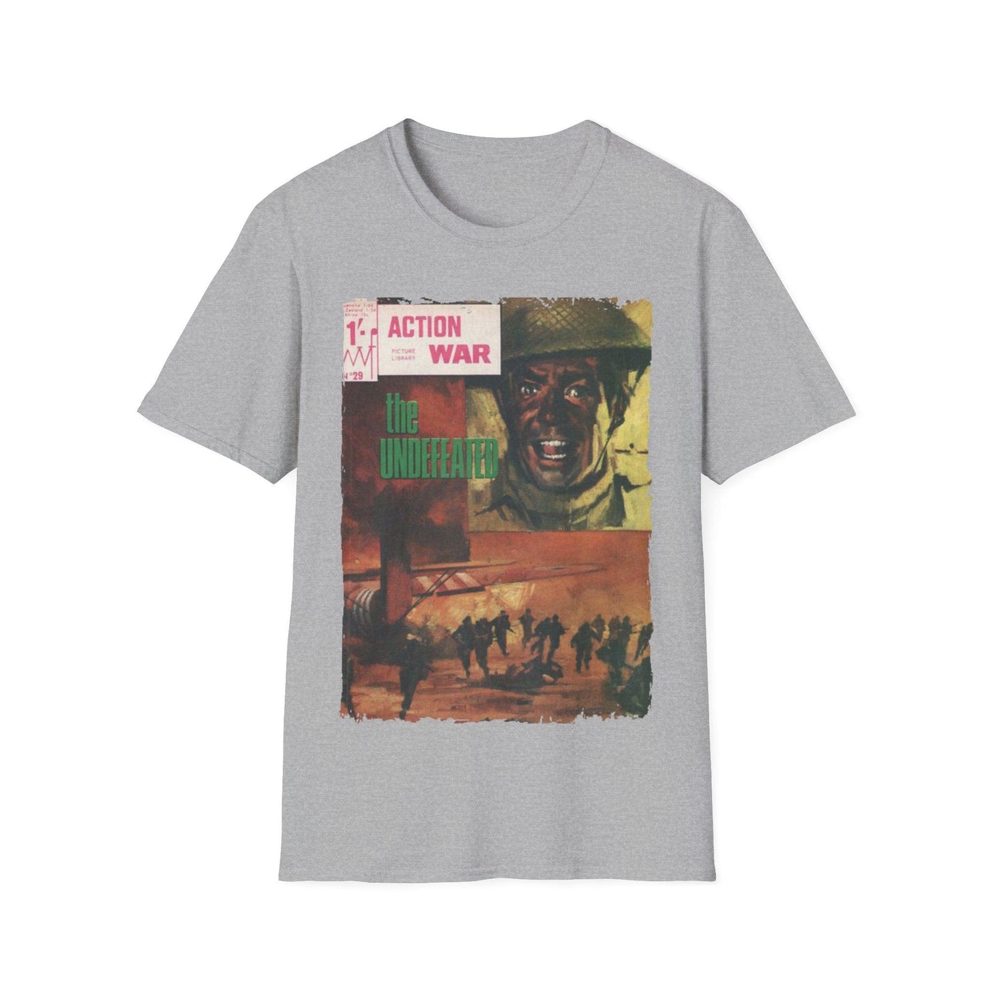 Close-up of the charcoal gray unisex T-shirt’s relaxed fit neckline and softfabric texture from a top-down angle