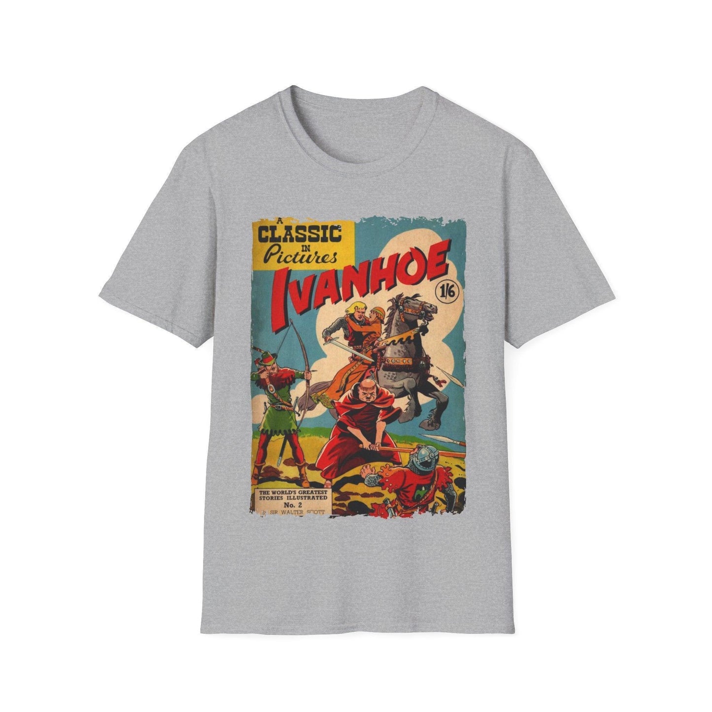 Close-up of the Ivanhoe 1949 unisex softstyle T-shirt's reinforced neckline stitching in black, highlighting durable