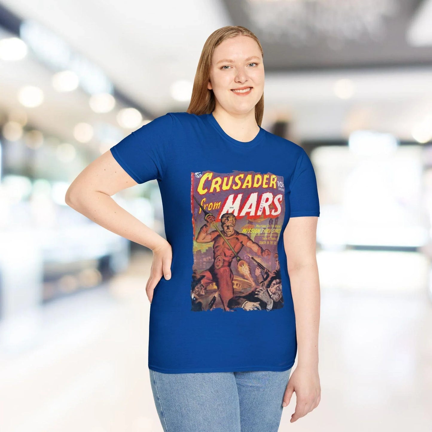 Close-up of the Crusader from Mars 1 T-shirt’s bold graphic print on a black slim-fit, crew neckline, cotton blend fabric.