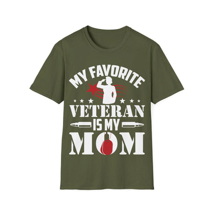 Close-up of the soft cotton fabric and stitched neckline detailing on the unisex gray Favorite Veteran Mom T-Shirt, showing