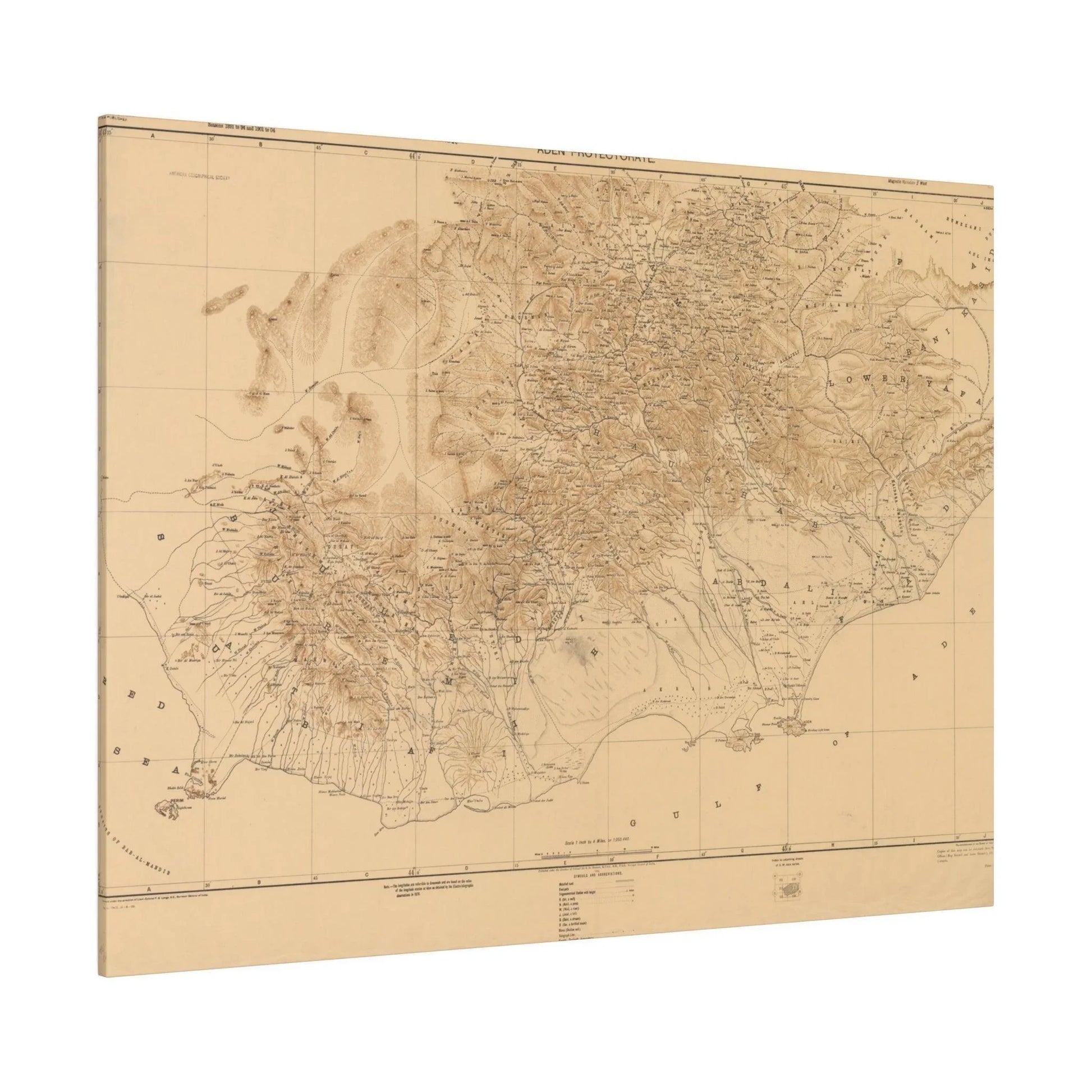 Close-up of the canvas texture highlighting the detailed print of the Aden Protectorate, Arabian Peninsula 1914 map with