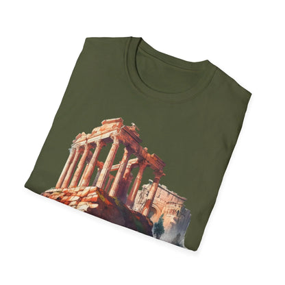 Close-up of the unisex softstyle T-shirt fabric showing subtle heather texture and ribbed crew neckline from a slightly