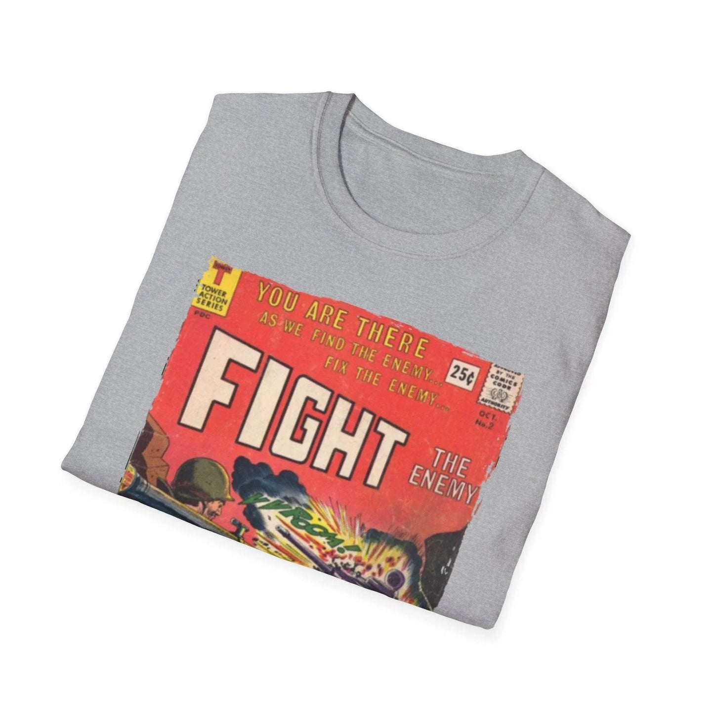 Image of the Fight The Enemy No.2 unisex softstyle T-shirt showing a front neckline close-up in heather gray cotton