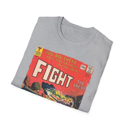 Image of the Fight The Enemy No.2 unisex softstyle T-shirt showing a front neckline close-up in heather gray cotton