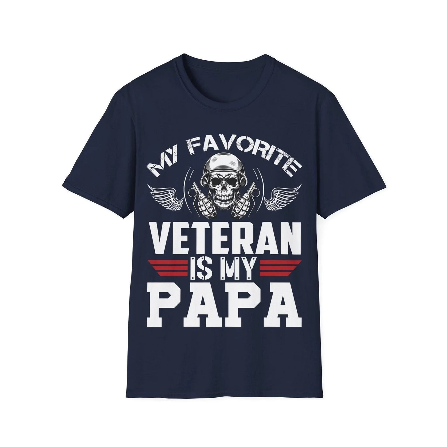 Close-up of the unisex softstyle fabric tag showing "Favorite Veteran - Papa" print and relaxed fit details on navy blue