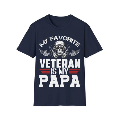 Close-up of the unisex softstyle fabric tag showing "Favorite Veteran - Papa" print and relaxed fit details on navy blue
