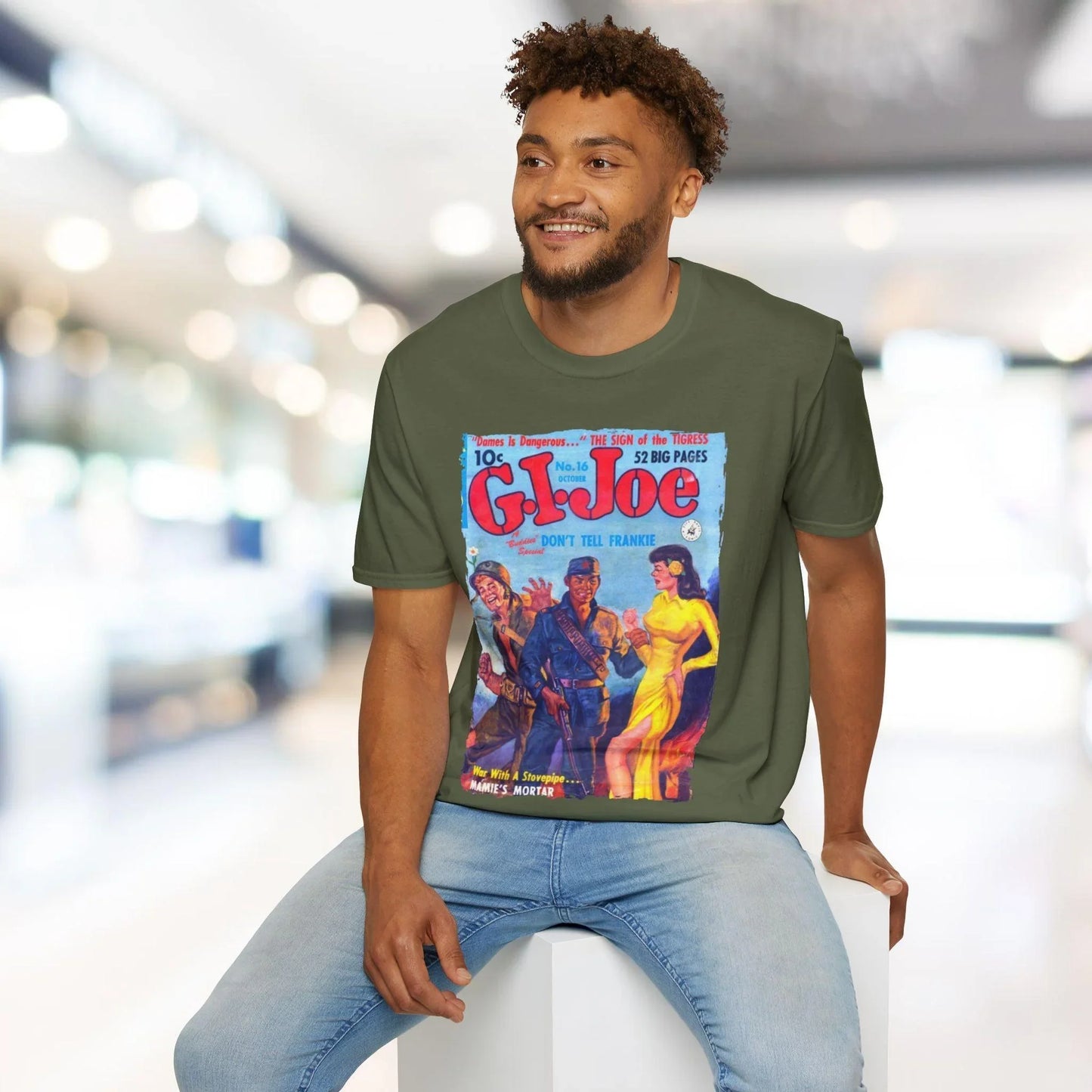 Close-up of the G.I. Joe No.16 softstyle T-shirt's bright navy fabric and subtle texture showing relaxed fit and short