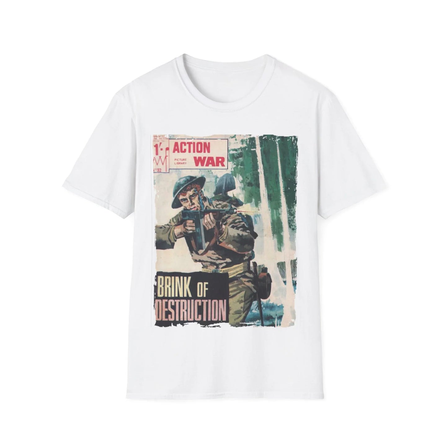 Close-up of the unisex softstyle T-shirt's front neckline showcasing smooth ribbed fabric and stitched hem in deep navy