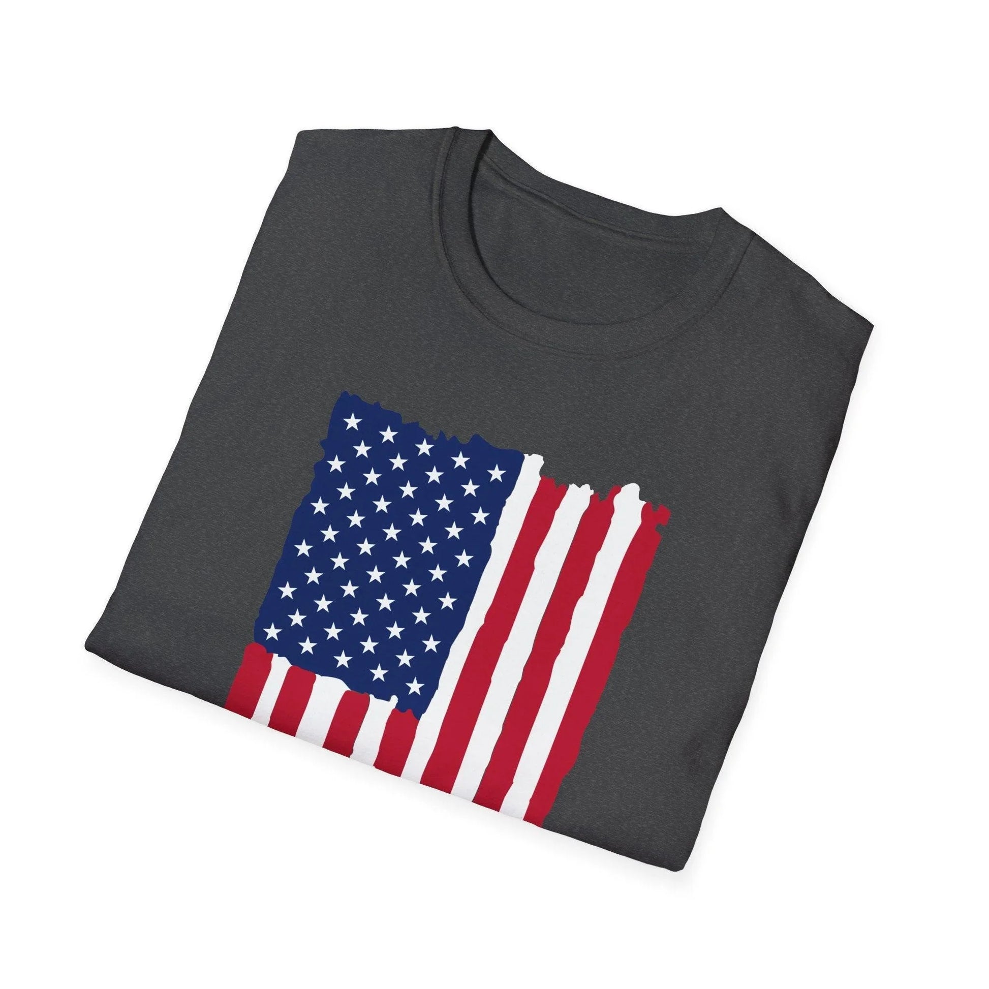 Close-up of distressed American flag pattern on soft, lightweight cotton fabric emphasizing vibrant colors and vintage