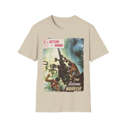 Close-up of the unisex softstyle T-shirt's heather teal fabric highlighting the smooth texture and subtle color variation at