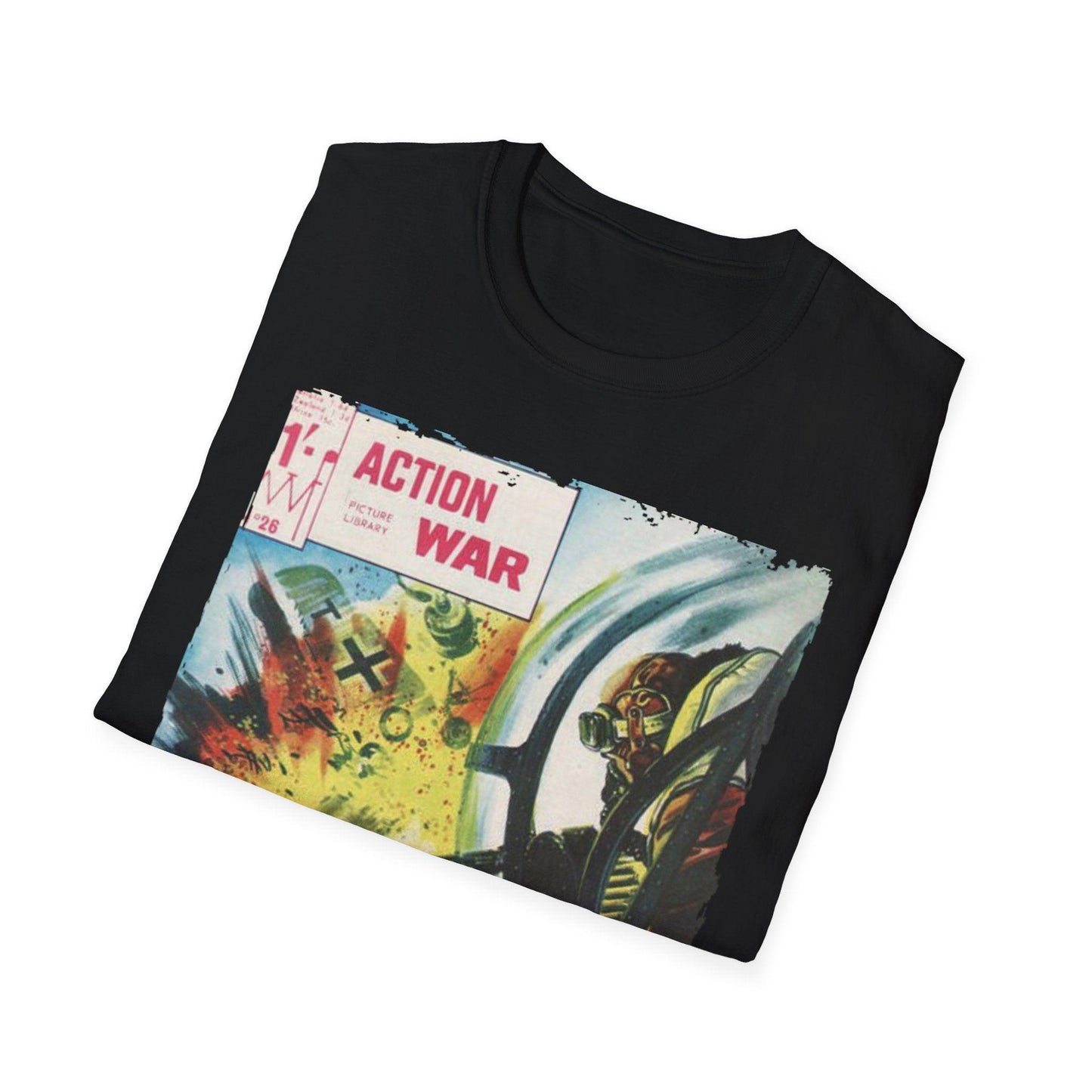 Close-up of the unisex relaxed fit black cotton T-shirt neckline and visible stitching detail from a slightly angled view.