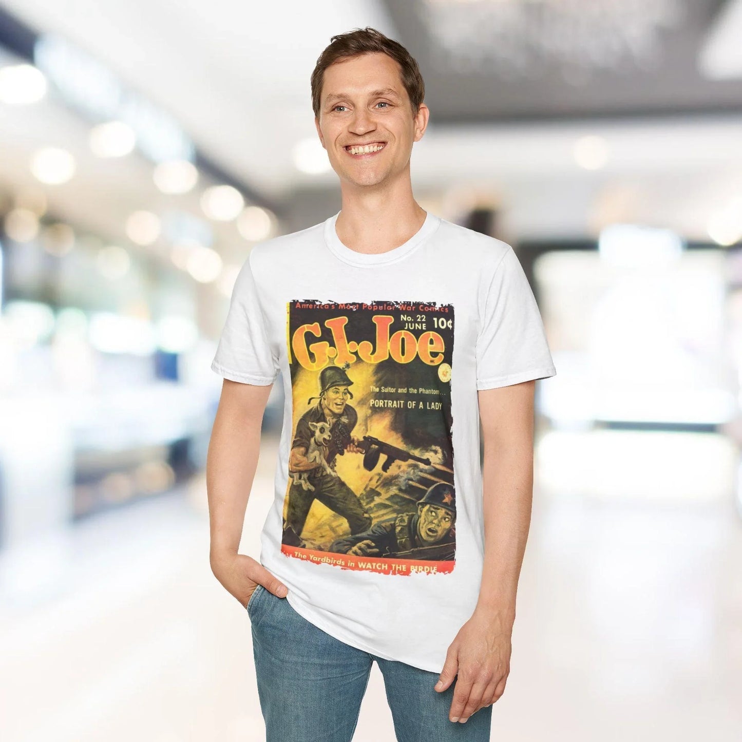 Close-up of the G.I. Joe No.22 softstyle T-shirt’s collar showing ribbed neckline and smooth fabric texture in vibrant olive