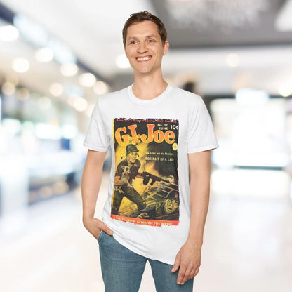 Close-up of the G.I. Joe No.22 softstyle T-shirt’s collar showing ribbed neckline and smooth fabric texture in vibrant olive