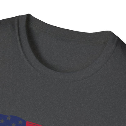 Front neckline detail highlighting distressed flag heartbeat graphic on unisex relaxed-fit heather grey cotton T-shirt