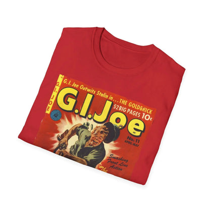 Close-up of the G.I. Joe No.11 Apr unisex softstyle T-shirt's collar showing the smooth neckline stitching and fabric detail