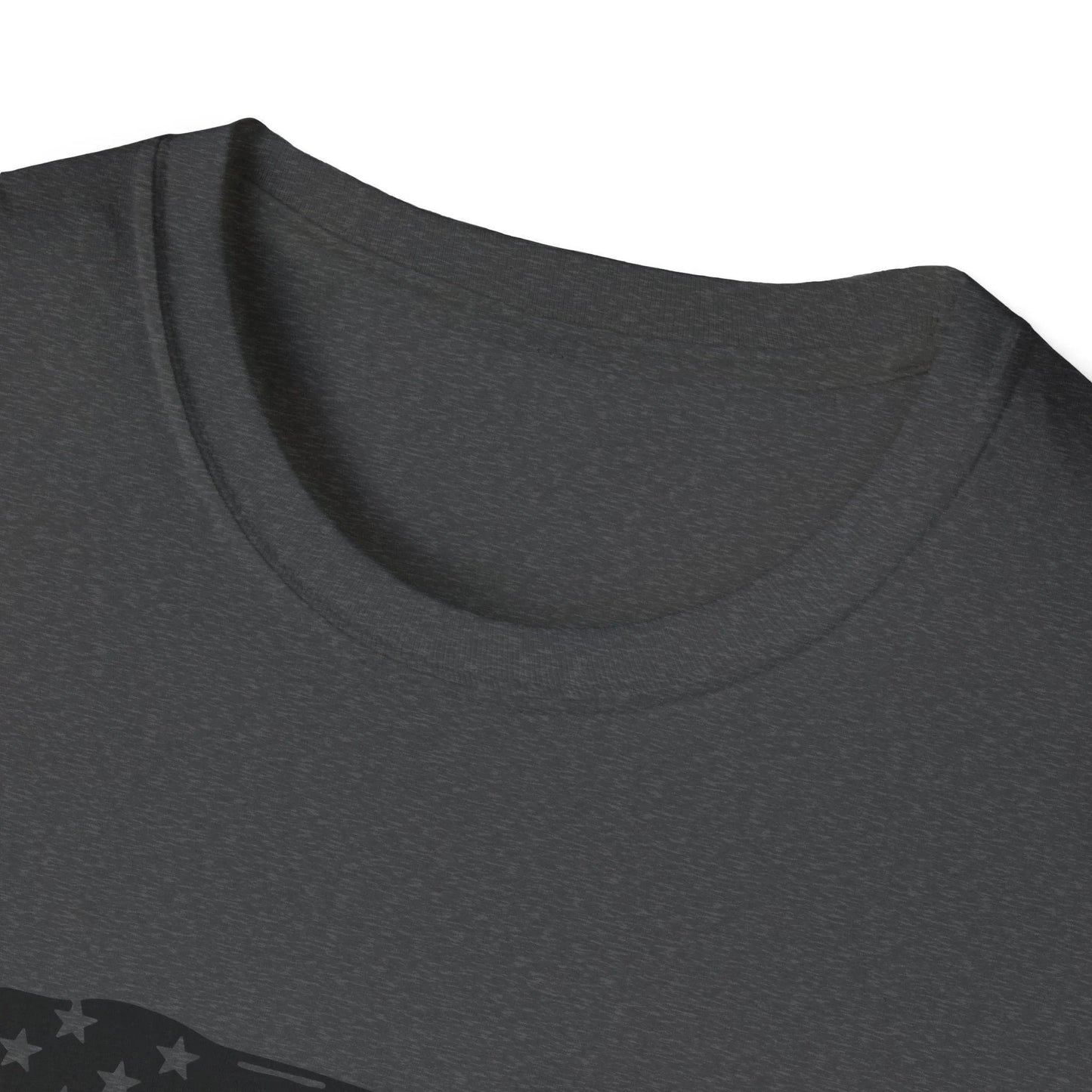 Close-up of black distressed American flag heartbeat graphic on soft cotton fabric, highlighting detailed print texture and