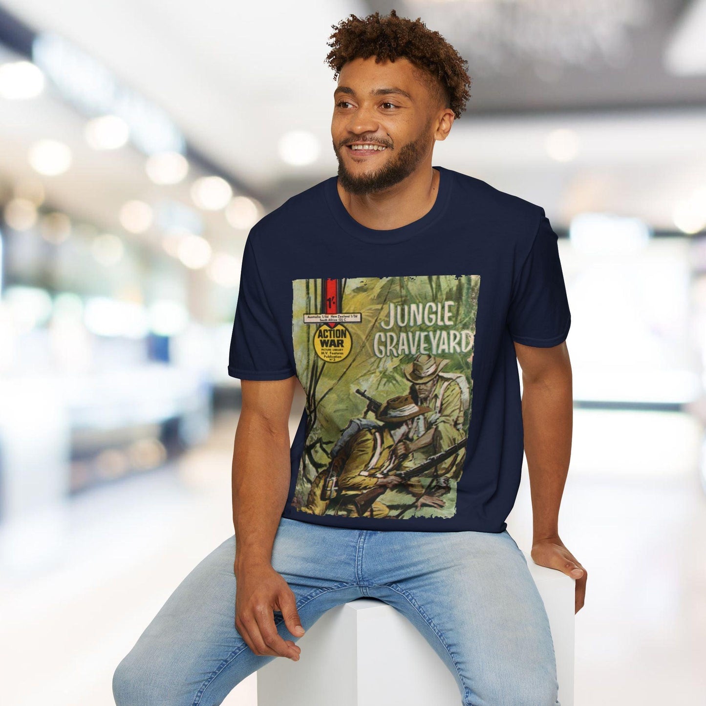 Close-up of the unisex softstyle T-shirt fabric showing smooth texture and subtle heather gray pattern at the neckline and