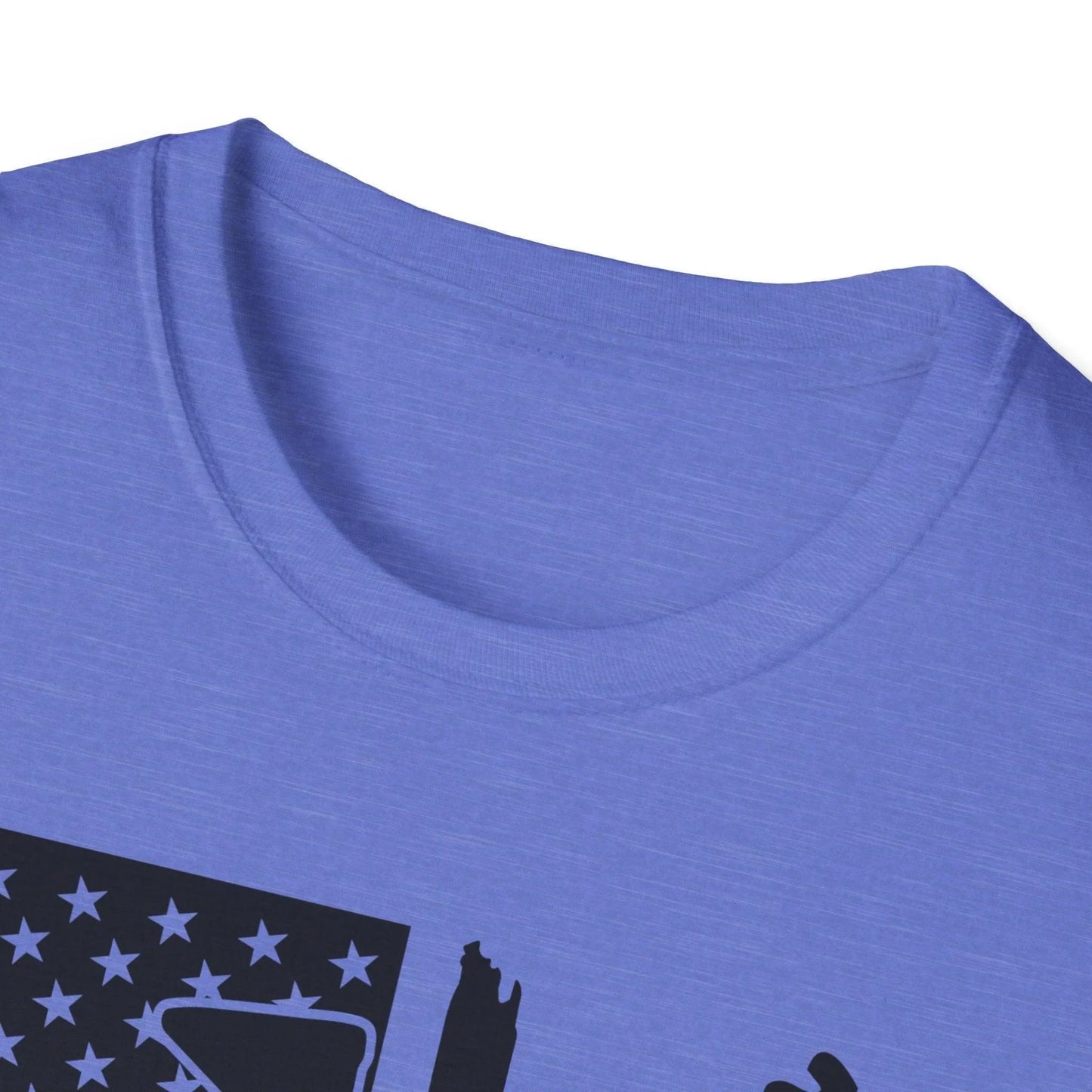 Close-up of the distressed black-and-white American flag graphic on the front of the unisex softstyle T-shirt, highlighting
