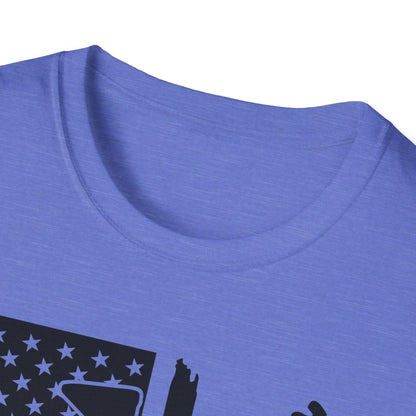 Close-up of the distressed black-and-white American flag graphic on the front of the unisex softstyle T-shirt, highlighting