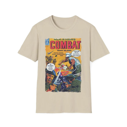 Close-up of the Combat Oct 1965 T-shirt label stitched on the black cotton fabric at the collar seam