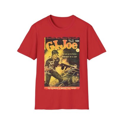 Close-up of the G.I. Joe No.22 softstyle T-shirt's neckline and stitched collar detail in vibrant navy color