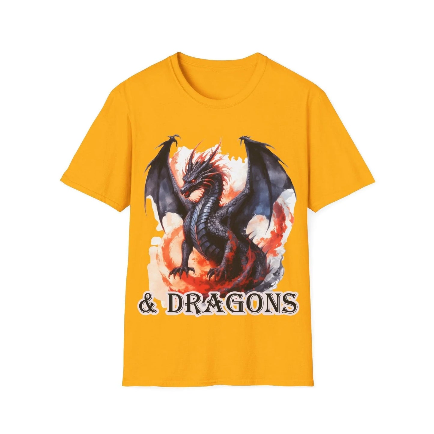 Close-up of the unisex softstyle T-shirt's vibrant dragon graphic on the chest, highlighting detailed print and smooth