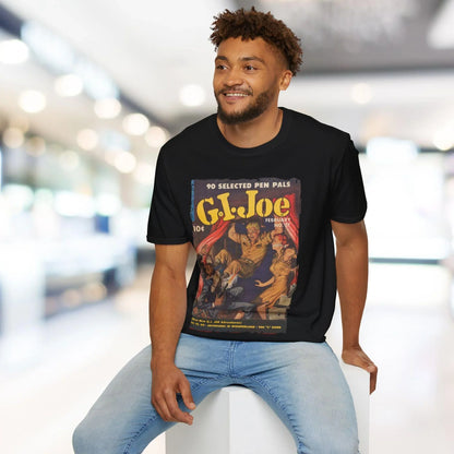 Close-up of the G.I. Joe No.37 unisex softstyle T-shirt's navy fabric showing subtle textured knit and stitched collar detail