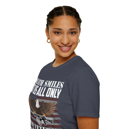 Close-up of the Death Smiles unisex softstyle T-shirt's neckline and stitched seam in deep purple fabric, highlighting