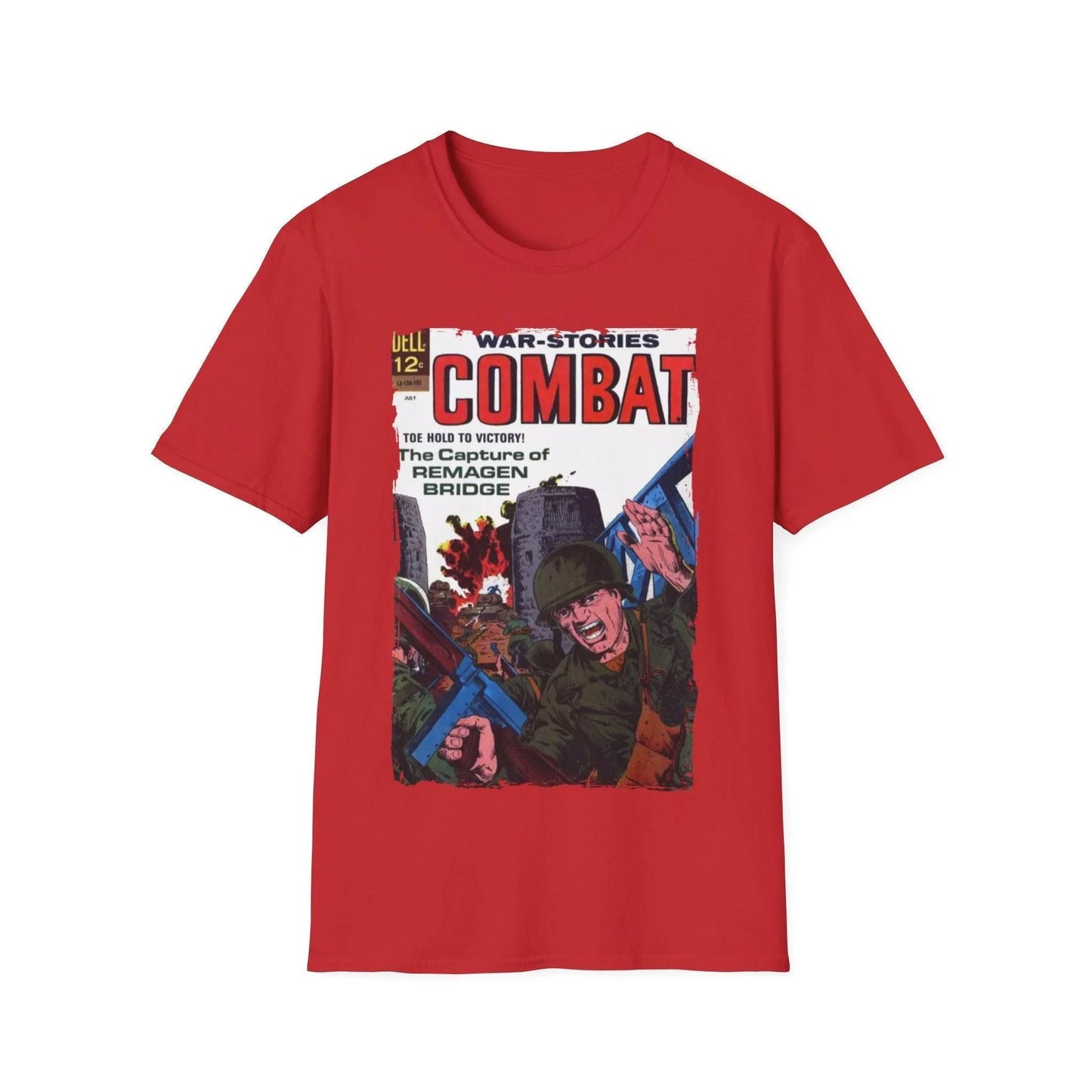 Close-up of the Combat July 1967 T-shirt’s front neckline revealing reinforced stitching and cotton fabric texture in olive