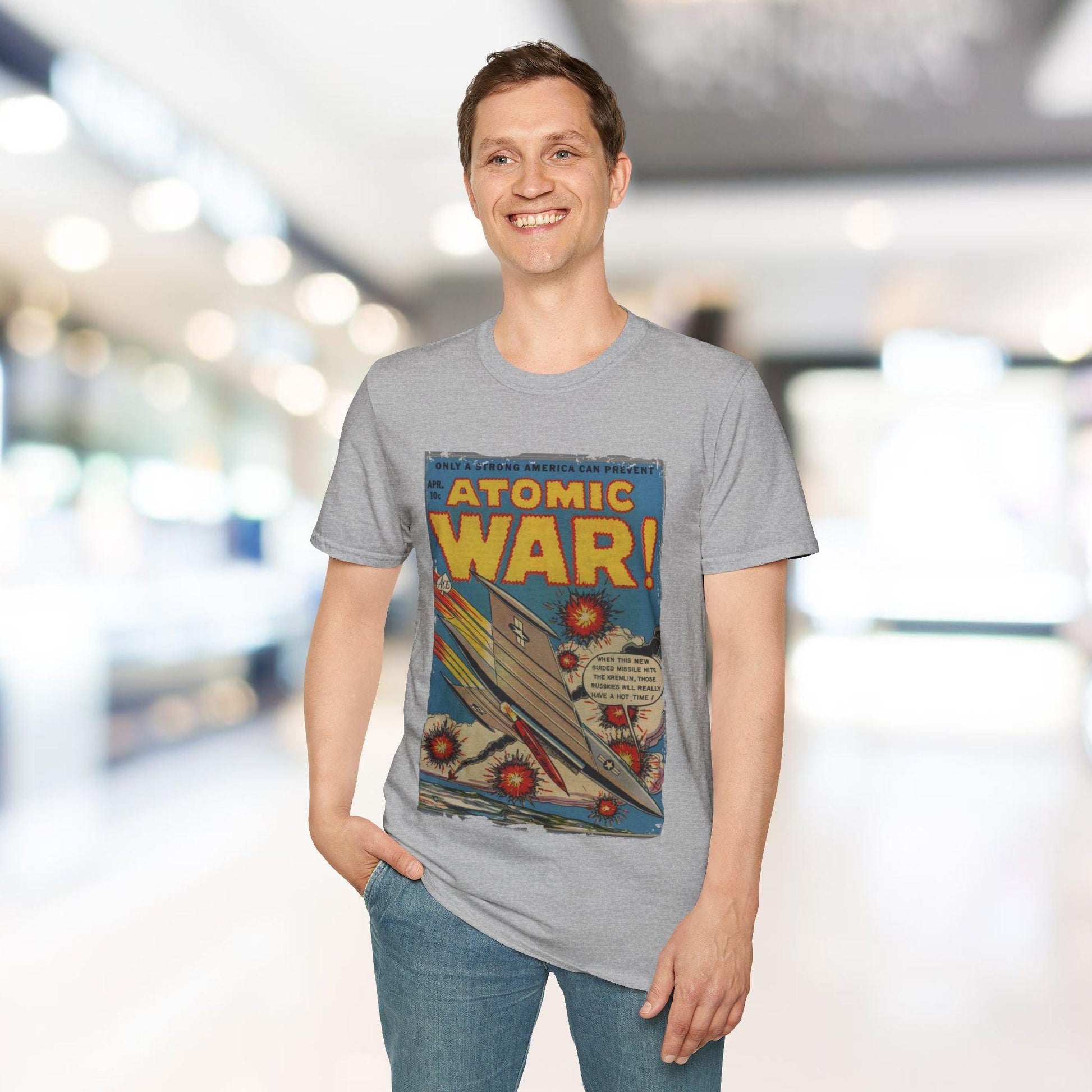 Close-up of the Atomic War! No 4 unisex softstyle T-shirt’s chest print detailing highlighting the bold design against the