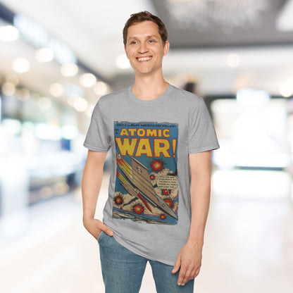 Close-up of the Atomic War! No 4 unisex softstyle T-shirt’s chest print detailing highlighting the bold design against the
