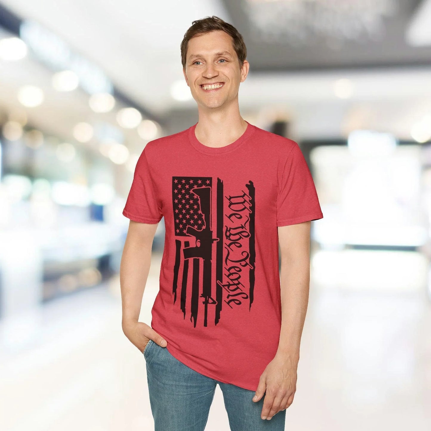 Close-up of distressed black and white American flag design on soft cotton fabric, focusing on the rugged textured print