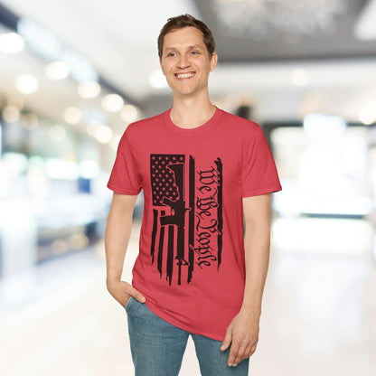 Close-up of distressed black and white American flag design on soft cotton fabric, focusing on the rugged textured print