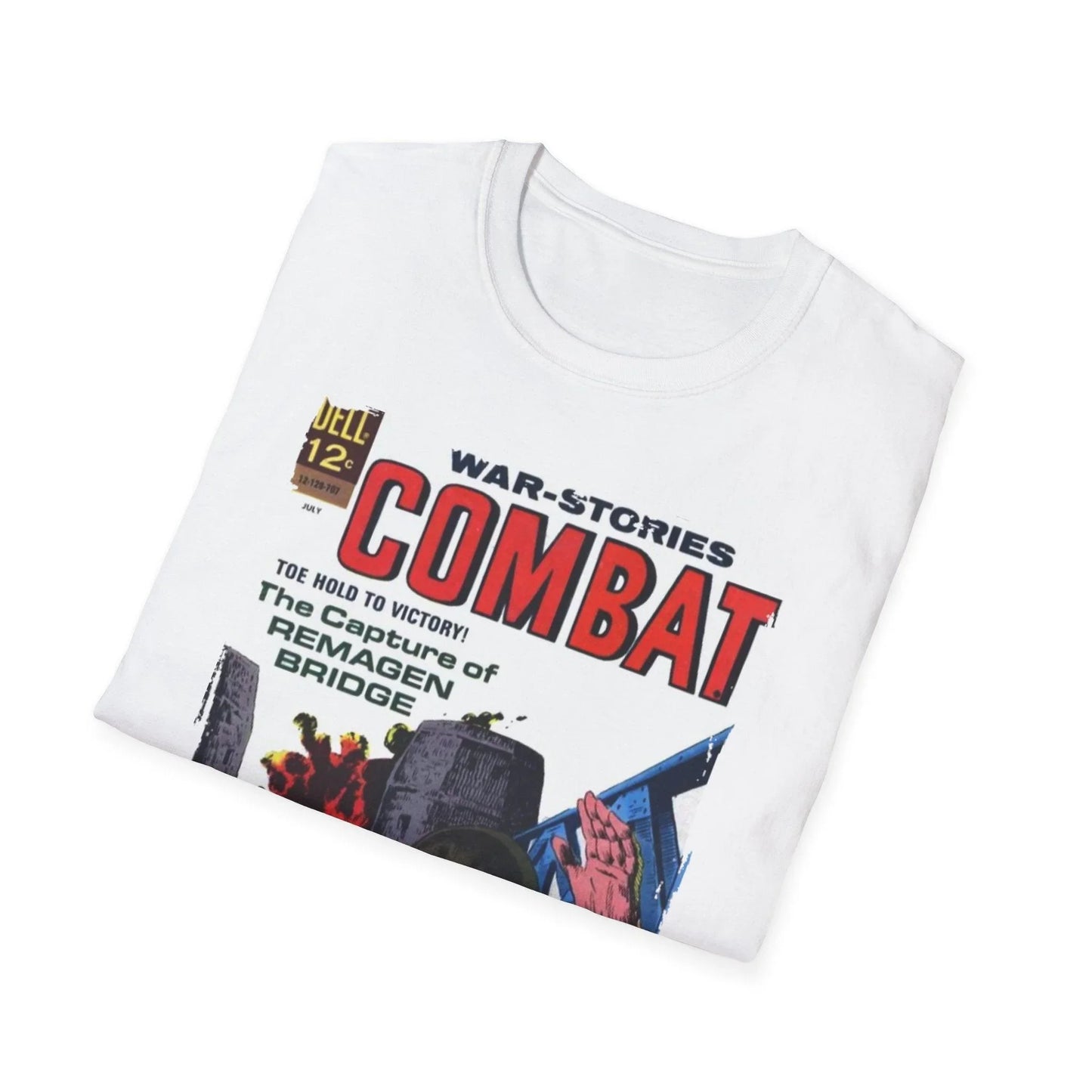 Close-up of the Combat July 1967 T-shirt's sewn neckline detail with visible stitching and soft cotton fabric texture from a