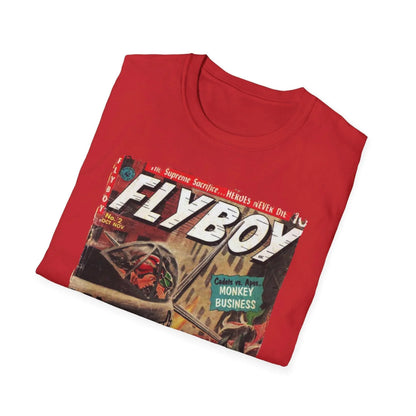 Close-up of the Flyboy No.2 T-shirt label stitched on the relaxed fit, white cotton fabric with crew neckline and short