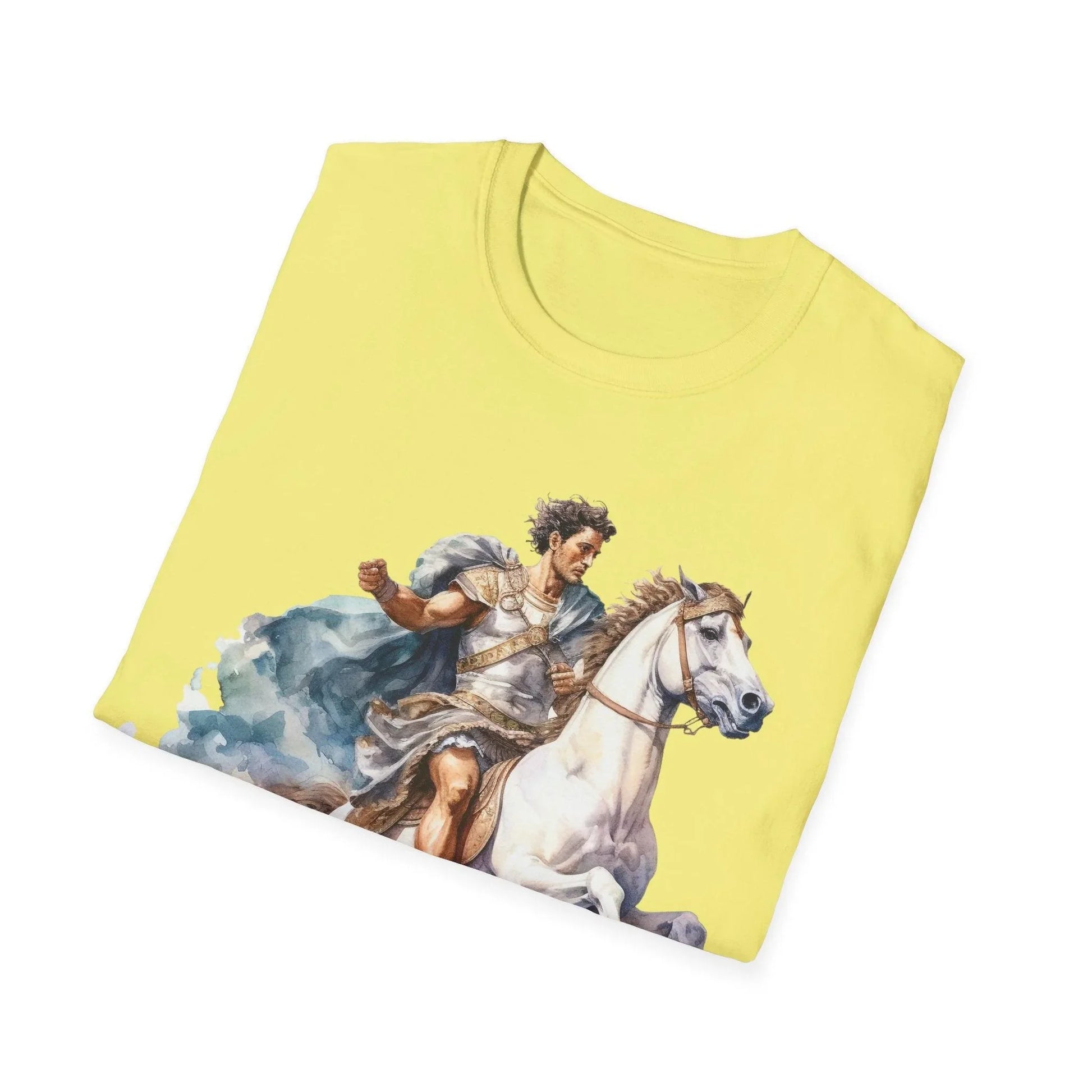 Close-up of Ancient Mounted General design on navy unisex softstyle T-shirt displaying detailed artwork and vibrant print