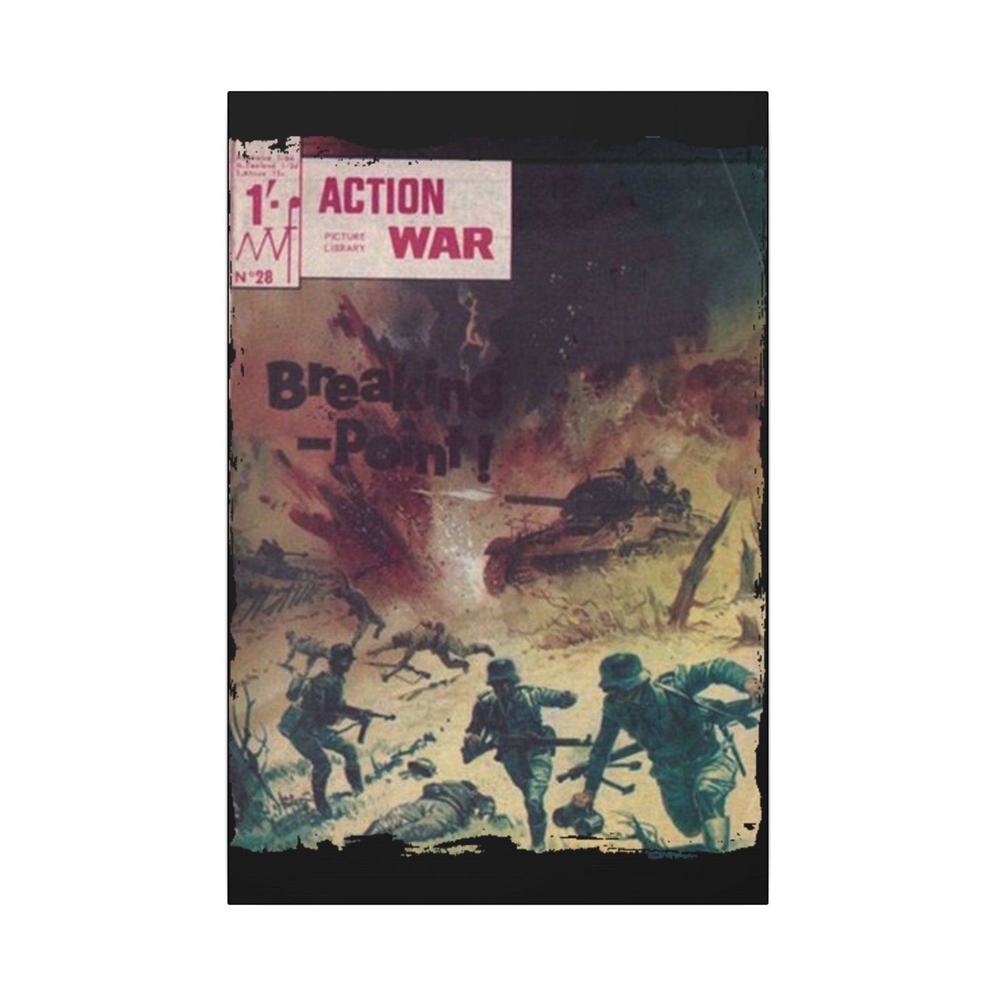 Close-up of the canvas texture highlighting the detailed print of Action War #28 comic book cover with vibrant colors and