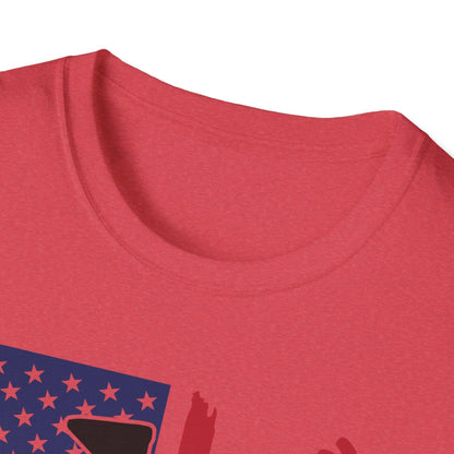 Close-up of the distressed American flag design on the chest of the relaxed fit black softstyle T-shirt, highlighting the