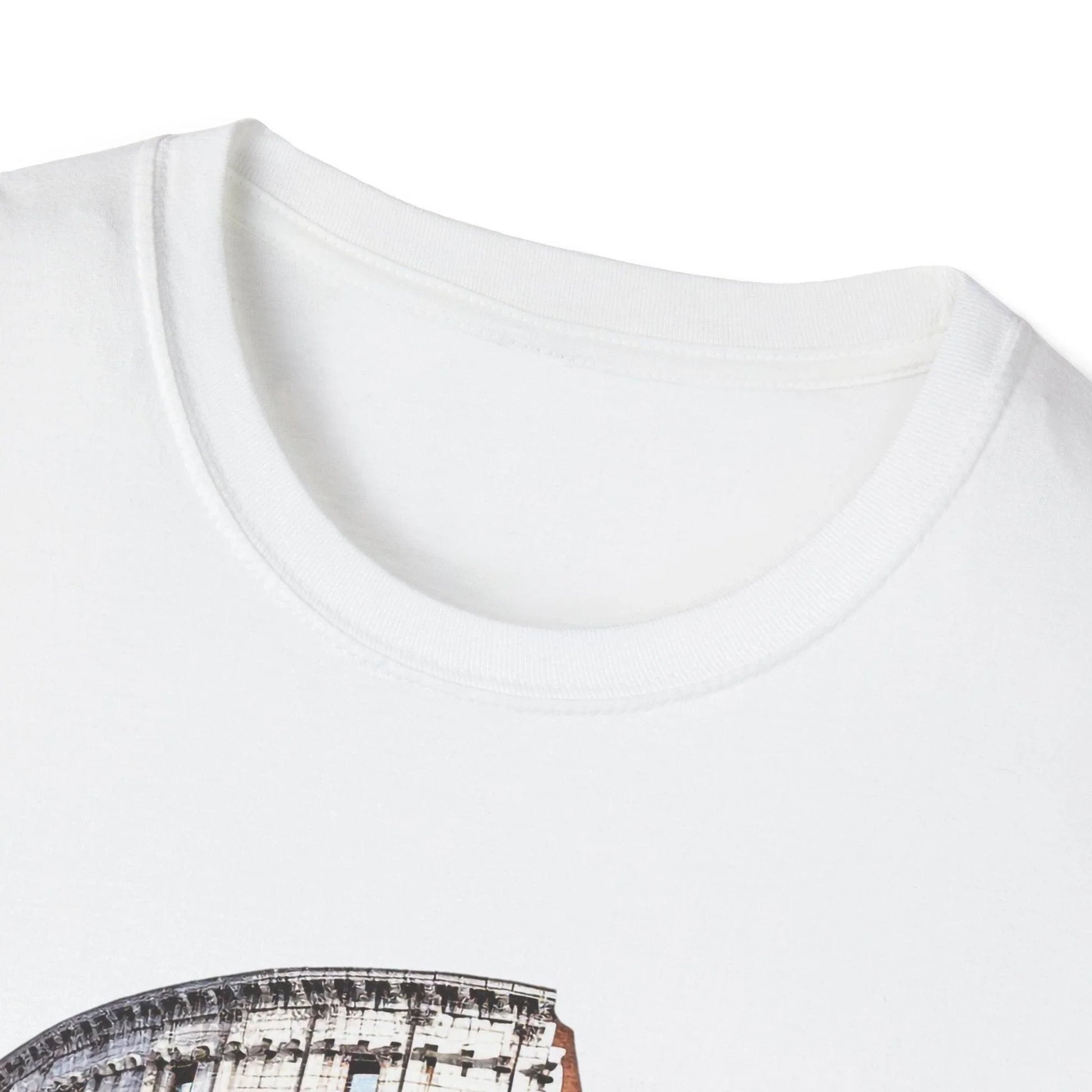 Close-up of the unisex softstyle T-shirt’s neckline, showcasing smooth stitching and subtle fabric texture in vibrant burnt