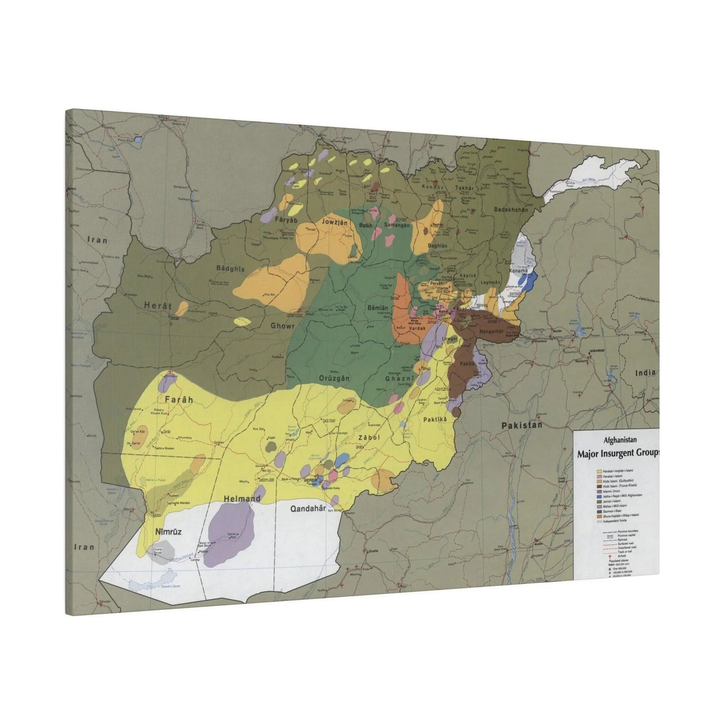 Close-up of detailed map text and markings on the canvas depicting Afghanistan insurgent groups, showing historical notation