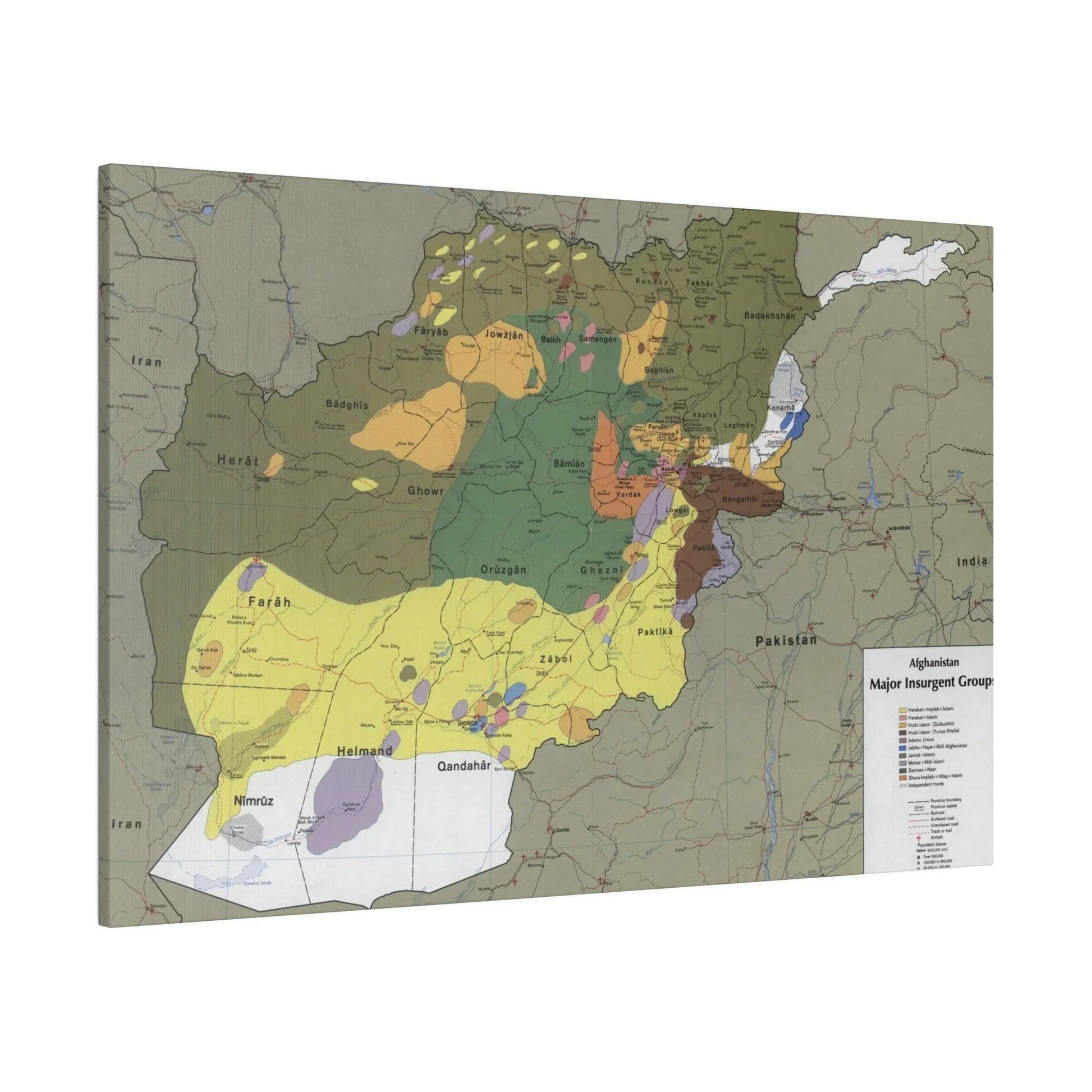 Close-up of detailed map text and markings on the canvas depicting Afghanistan insurgent groups, showing historical notation