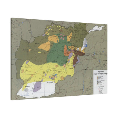 Close-up of detailed map text and markings on the canvas depicting Afghanistan insurgent groups, showing historical notation