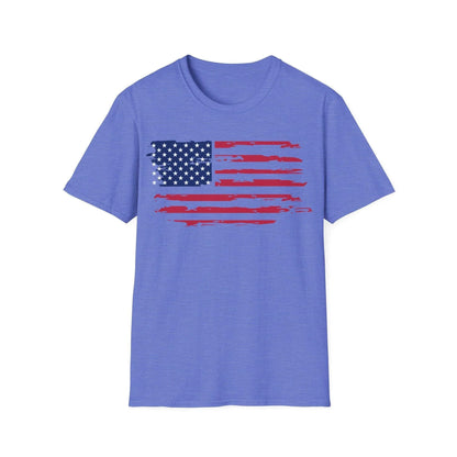 Close-up of distressed American flag pattern with faded colors and frayed edges on the soft cotton fabric of the T-shirt.