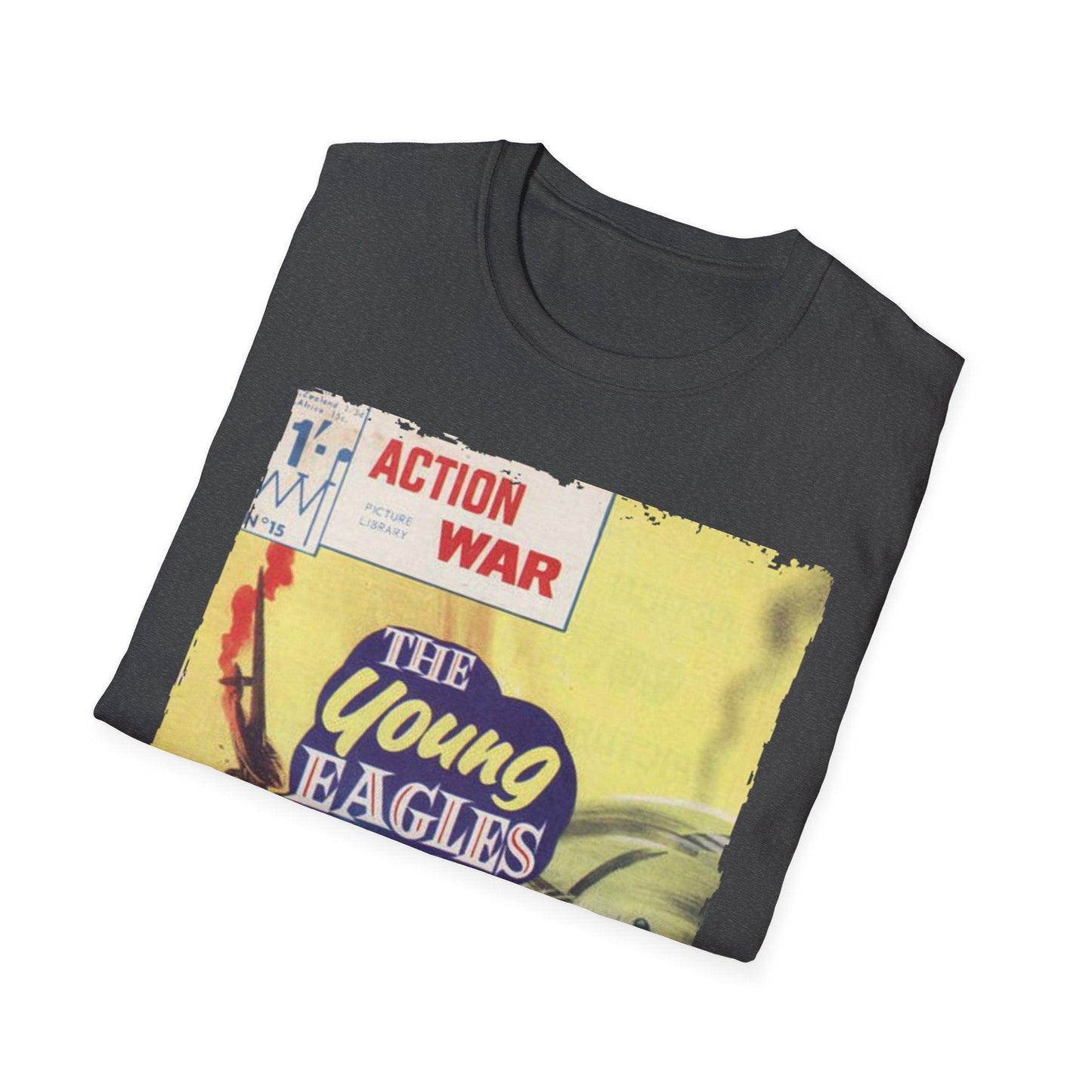 Close-up of the unisex softstyle T-shirt’s vibrant red fabric showing subtle heather texture and reinforced neckline