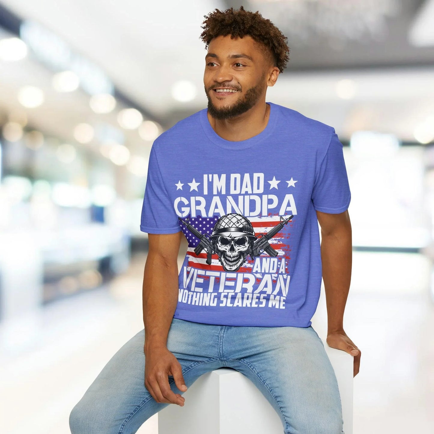 Close-up of the soft cotton fabric revealing subtle heather texture and relaxed fit neckline on the vintage navy Dad Grandpa