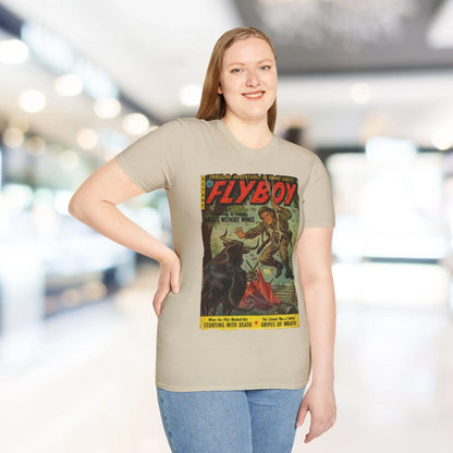 Close-up of the Flyboy No.1 unisex softstyle T-shirt tag sewn on the hem in vibrant navy blue fabric detail