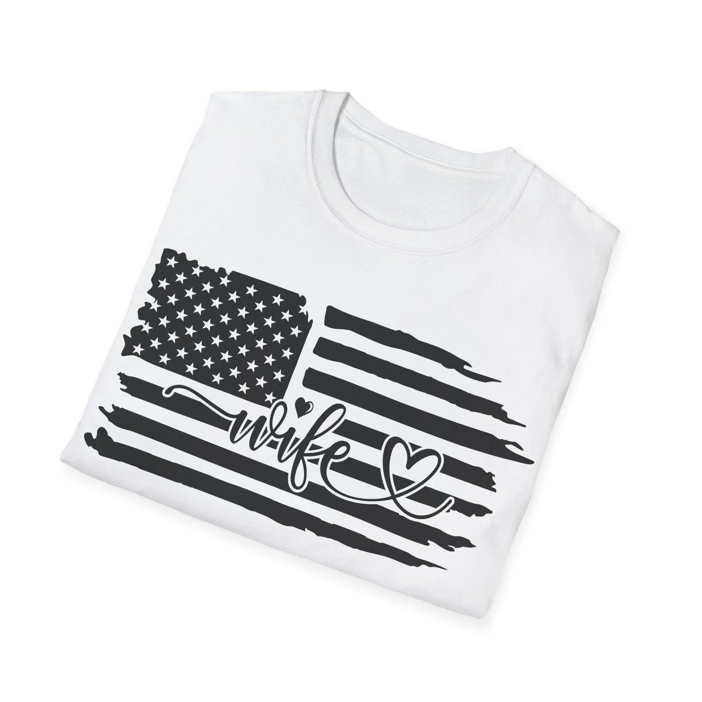 Close-up of distressed black-and-white American flag design on the chest area of the unisex softstyle T-shirt, highlighting