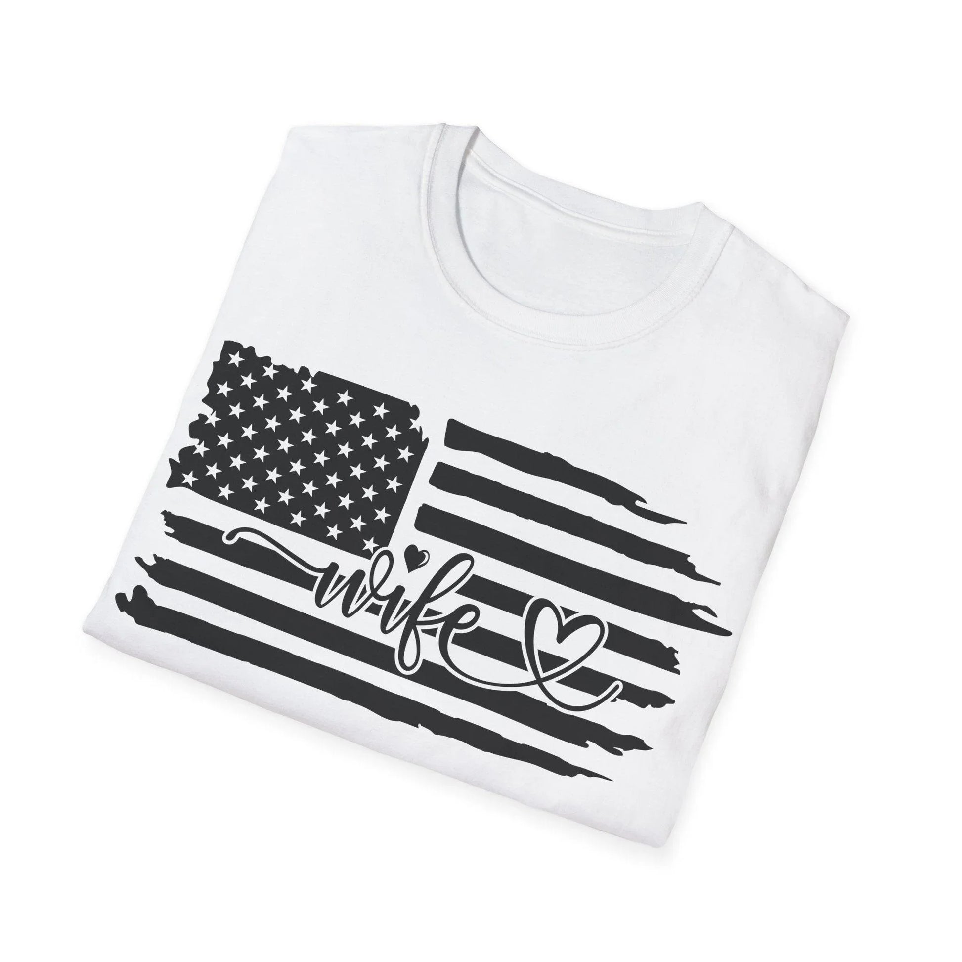 Close-up of distressed black-and-white American flag design on the chest area of the unisex softstyle T-shirt, highlighting